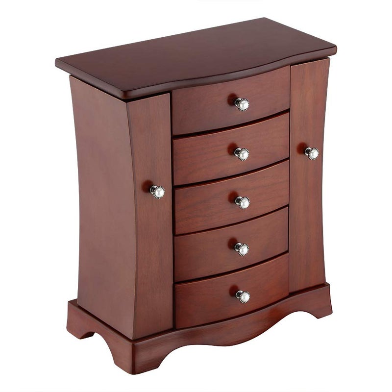 RR ROUND RICH DESIGN Jewelry Box - Made of Solid Wood with Tower Style 4 Drawers Organizer and 2 Separated Open Doors on 2 Sides and Large Mirror Brown - Image 2